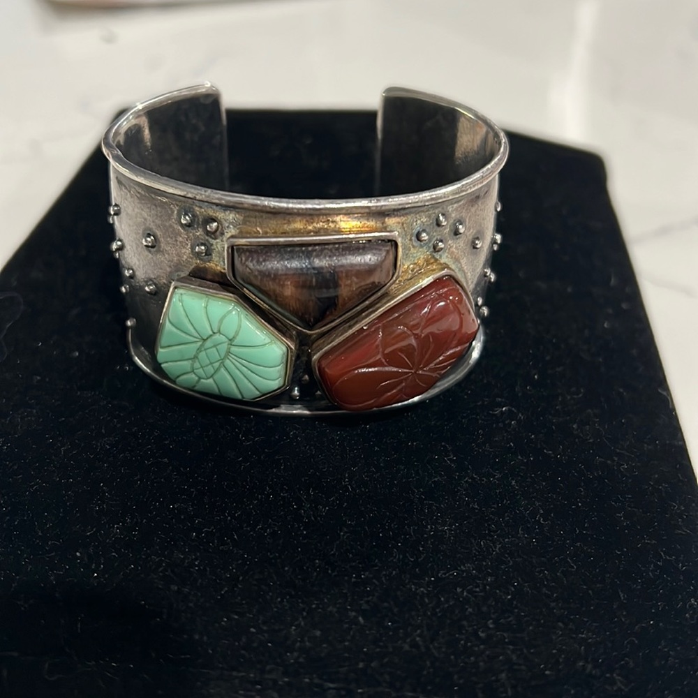 Lovely Artesian silver metal cuff bracelet with stone and crystal accent.